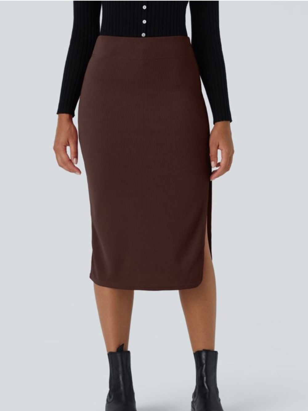HALARA Brown Ribbed Midi Pencil Skirt with Side Slit